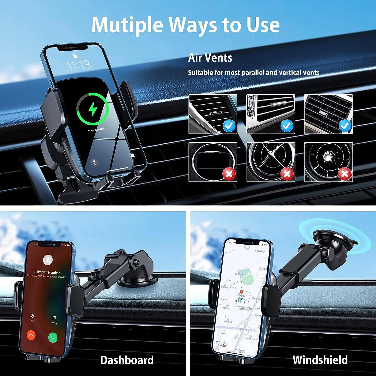 15W 3-in-1 Wireless Car Charger – Smart Sensor Auto-Clamping Phone Holder for Air Vent, Dashboard, and Windshield