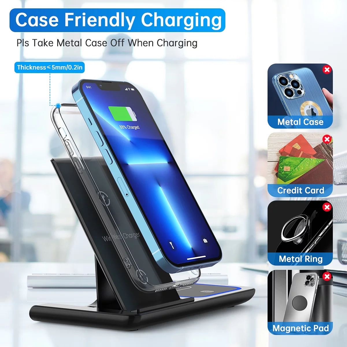 3-in-1 Wireless Charging Station – 18W Fast Charger for iPhone 16/15/14/13/12/11 Pro Max/Plus, Compatible with Apple Watch Series SE/10/9/8/7/6/5/4/3, AirPods Pro/3/2 (Includes QC3.0 Adapter)