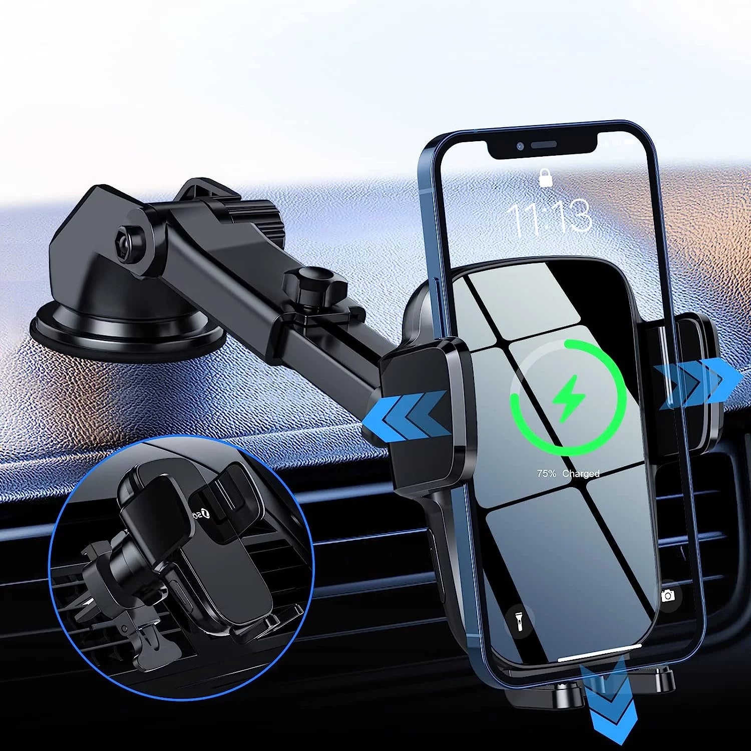 15W 3-in-1 Wireless Car Charger – Smart Sensor Auto-Clamping Phone Holder for Air Vent, Dashboard, and Windshield