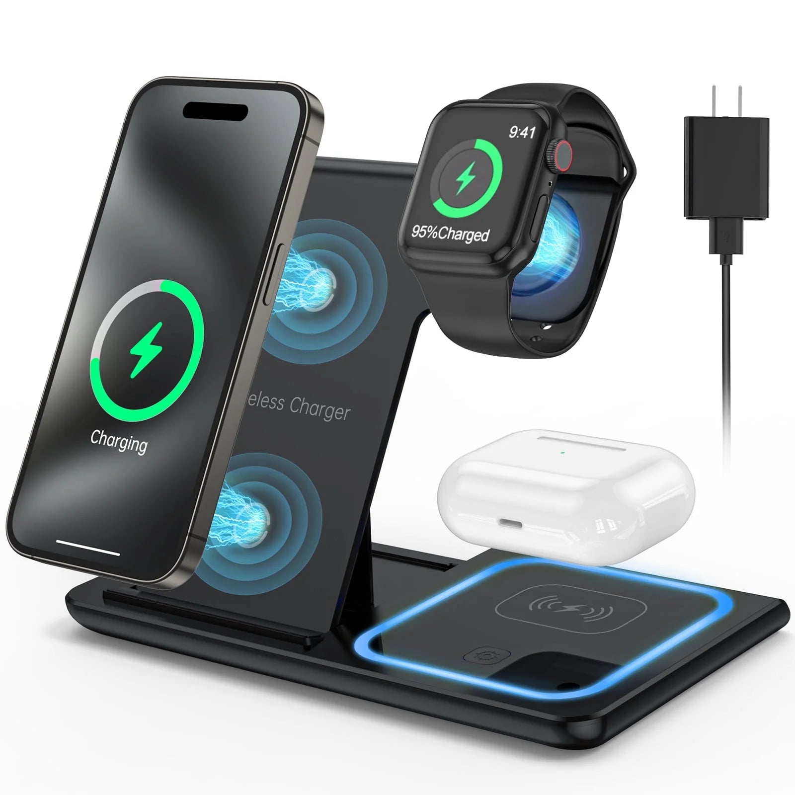 3-in-1 Wireless Charging Station – 18W Fast Charger for iPhone 16/15/14/13/12/11 Pro Max/Plus, Compatible with Apple Watch Series SE/10/9/8/7/6/5/4/3, AirPods Pro/3/2 (Includes QC3.0 Adapter)