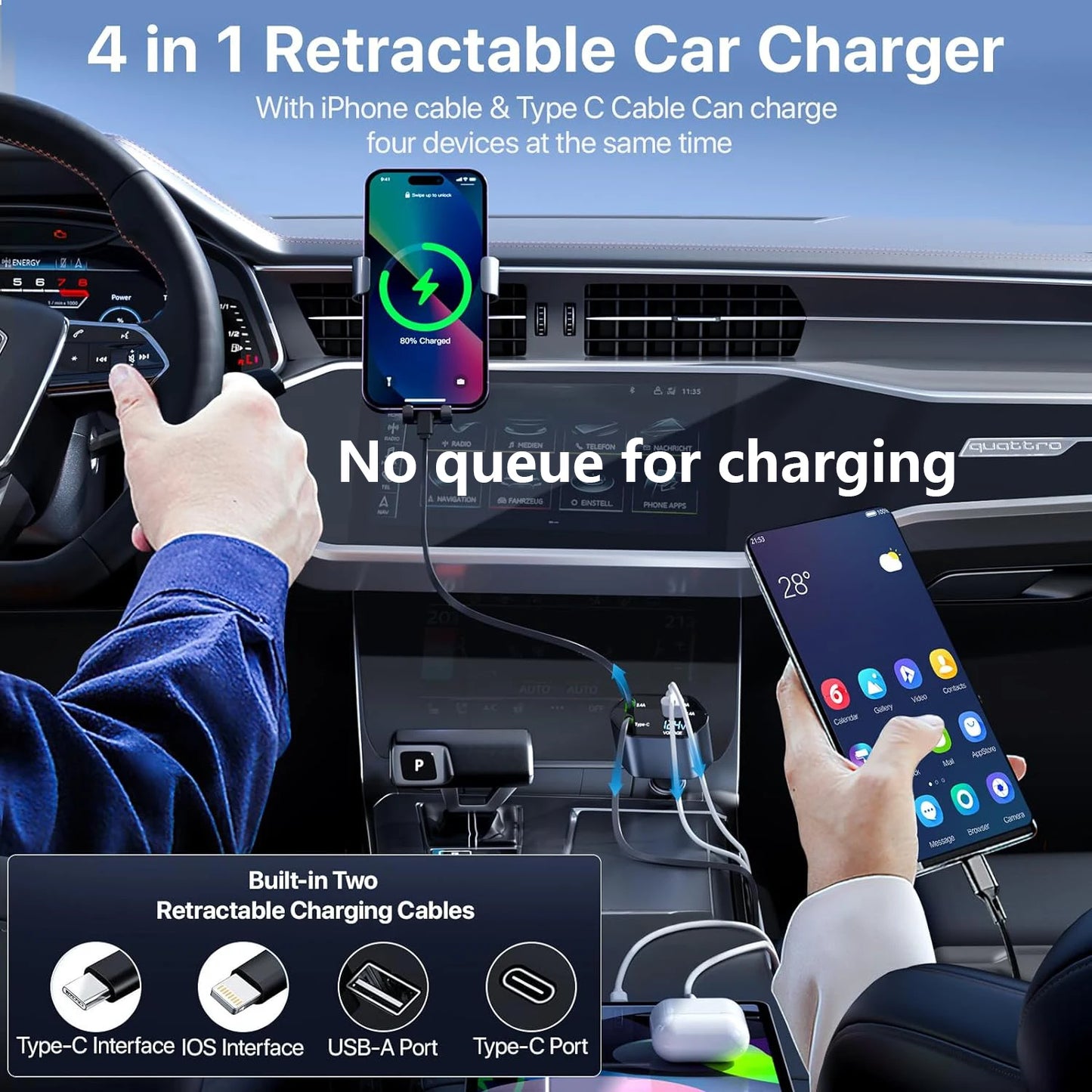 Extendable Car Charger 120W, 4-In-1 Fast Charging