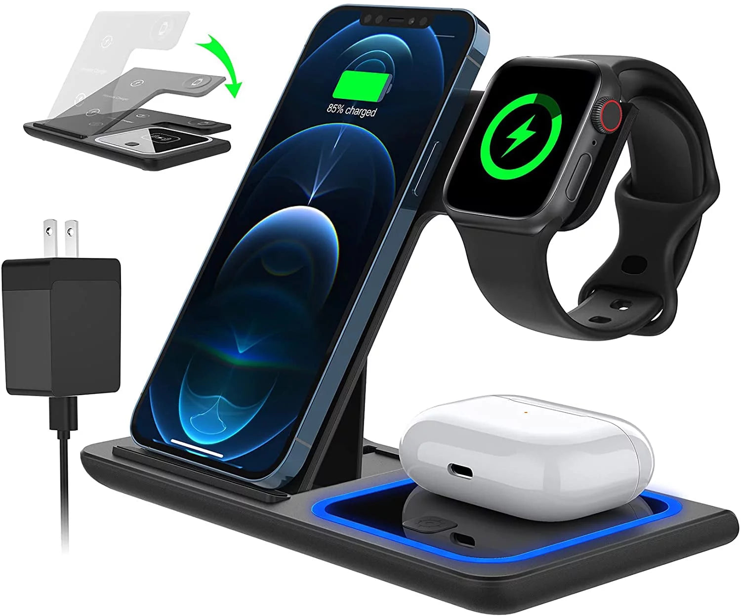 3-in-1 Wireless Charging Station – 18W Fast Charger for iPhone 16/15/14/13/12/11 Pro Max/Plus, Compatible with Apple Watch Series SE/10/9/8/7/6/5/4/3, AirPods Pro/3/2 (Includes QC3.0 Adapter)